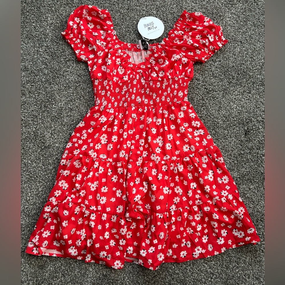 red with white flowers dress